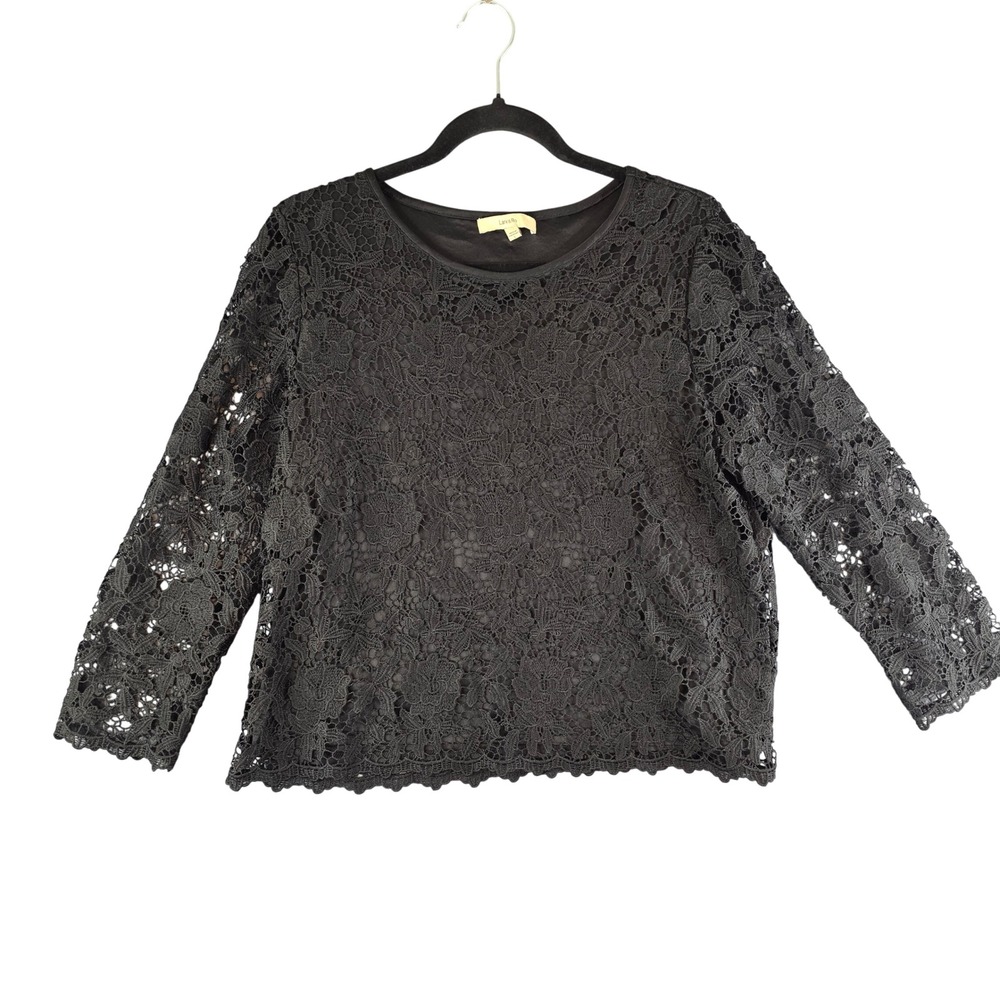 Lark & Ro Lace Blouse Womens‎ Large Black Floral 3/4 Sleeve Scalloped Hem Top